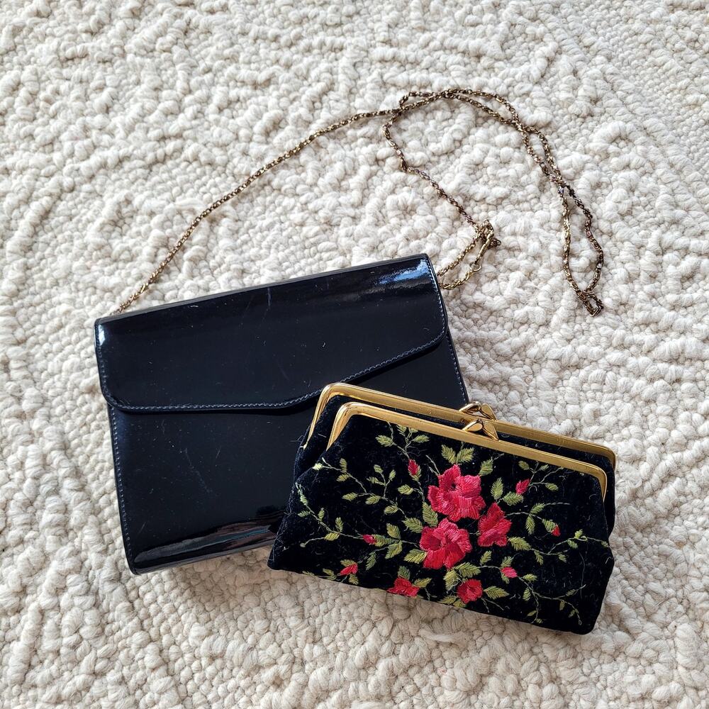 VTG Purse and Clutch Embroidered Patent Leather Black Bag